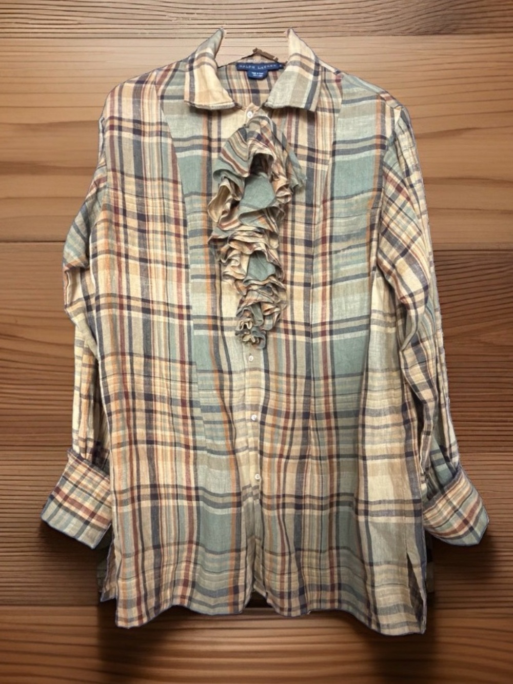 VTG Ralph Lauren Linen Plaid Ruffle Front Button-Up Shirt Women’s Long Sleeve